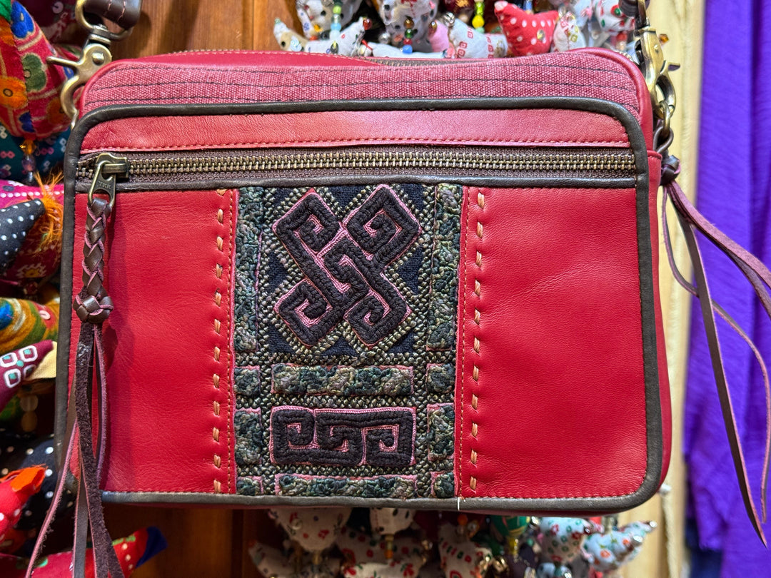 Red Leather and Canvas Thai Handbag - Floating Lotus