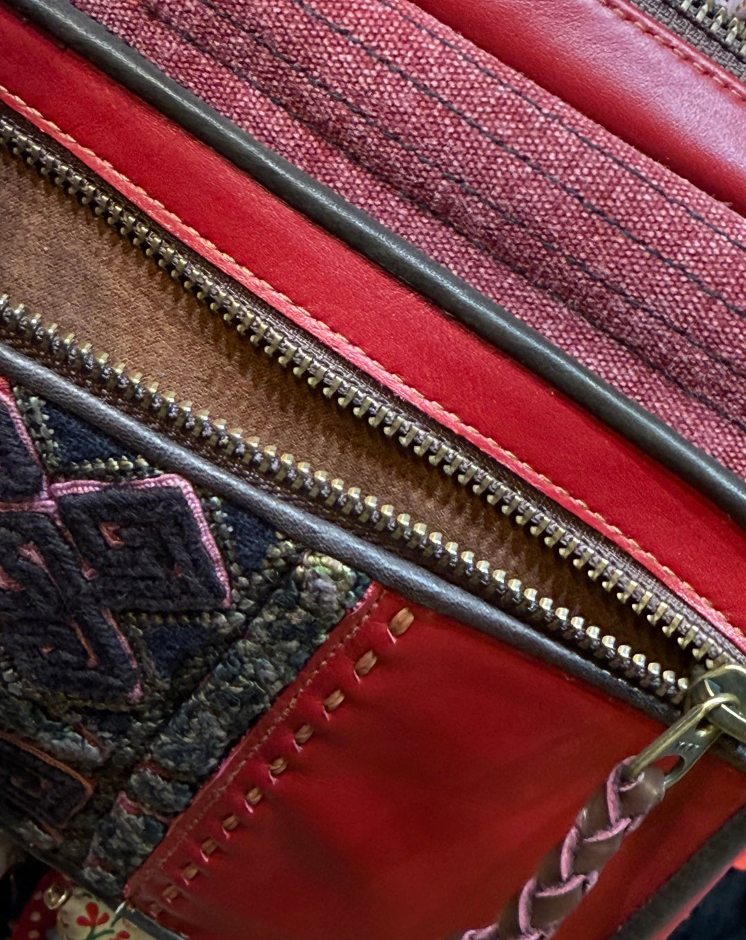 Red Leather and Canvas Thai Handbag - Floating Lotus