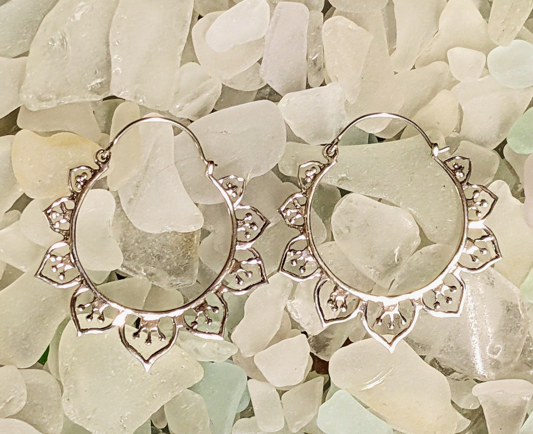 Silver Hoop Drop Earrings - Floating Lotus