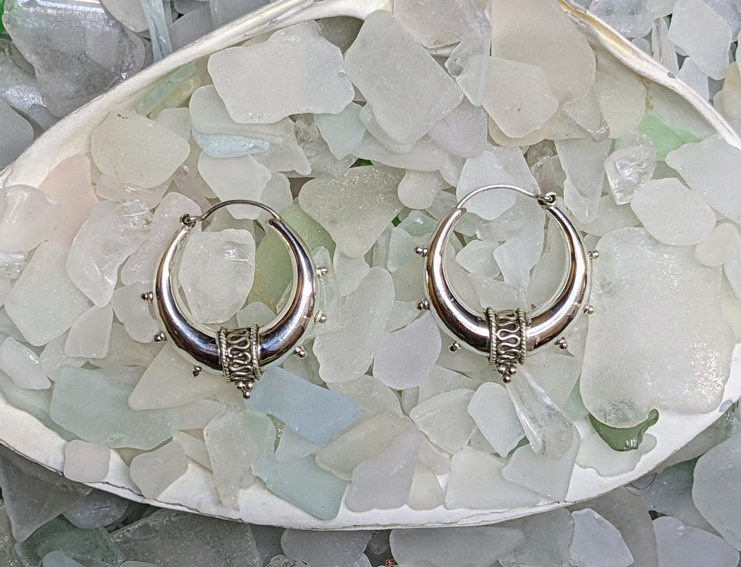 Silver Tribal Hoop Earrings - Floating Lotus
