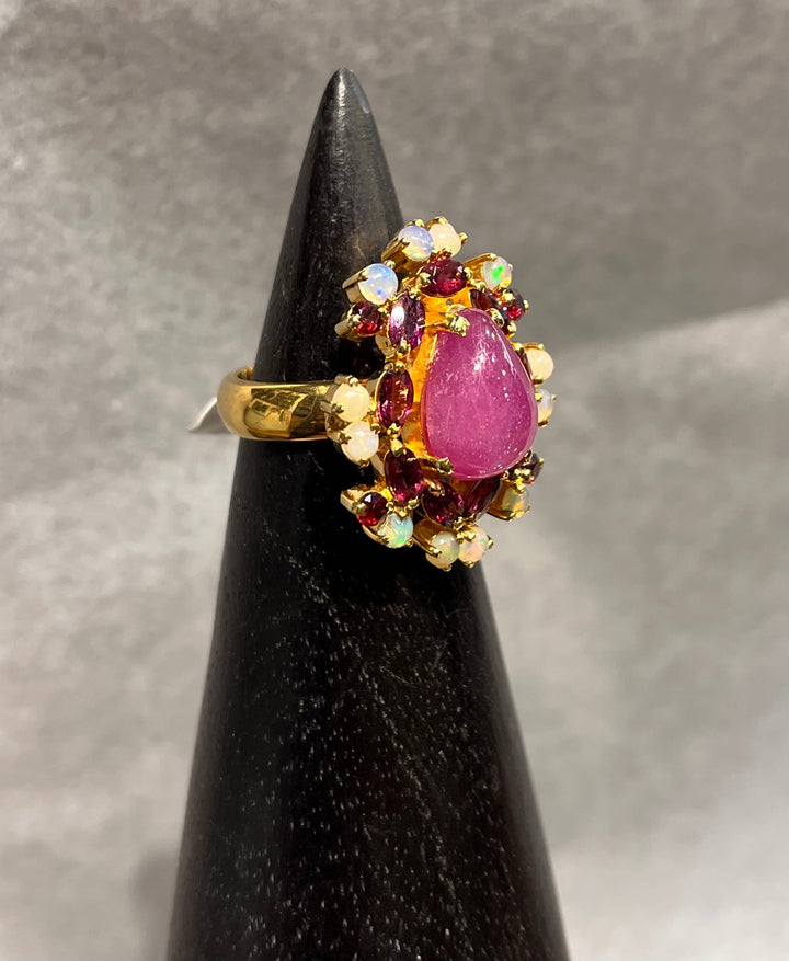 Star Ruby & Opal Flower Ring - Floating Lotus