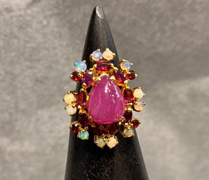 Star Ruby & Opal Flower Ring - Floating Lotus