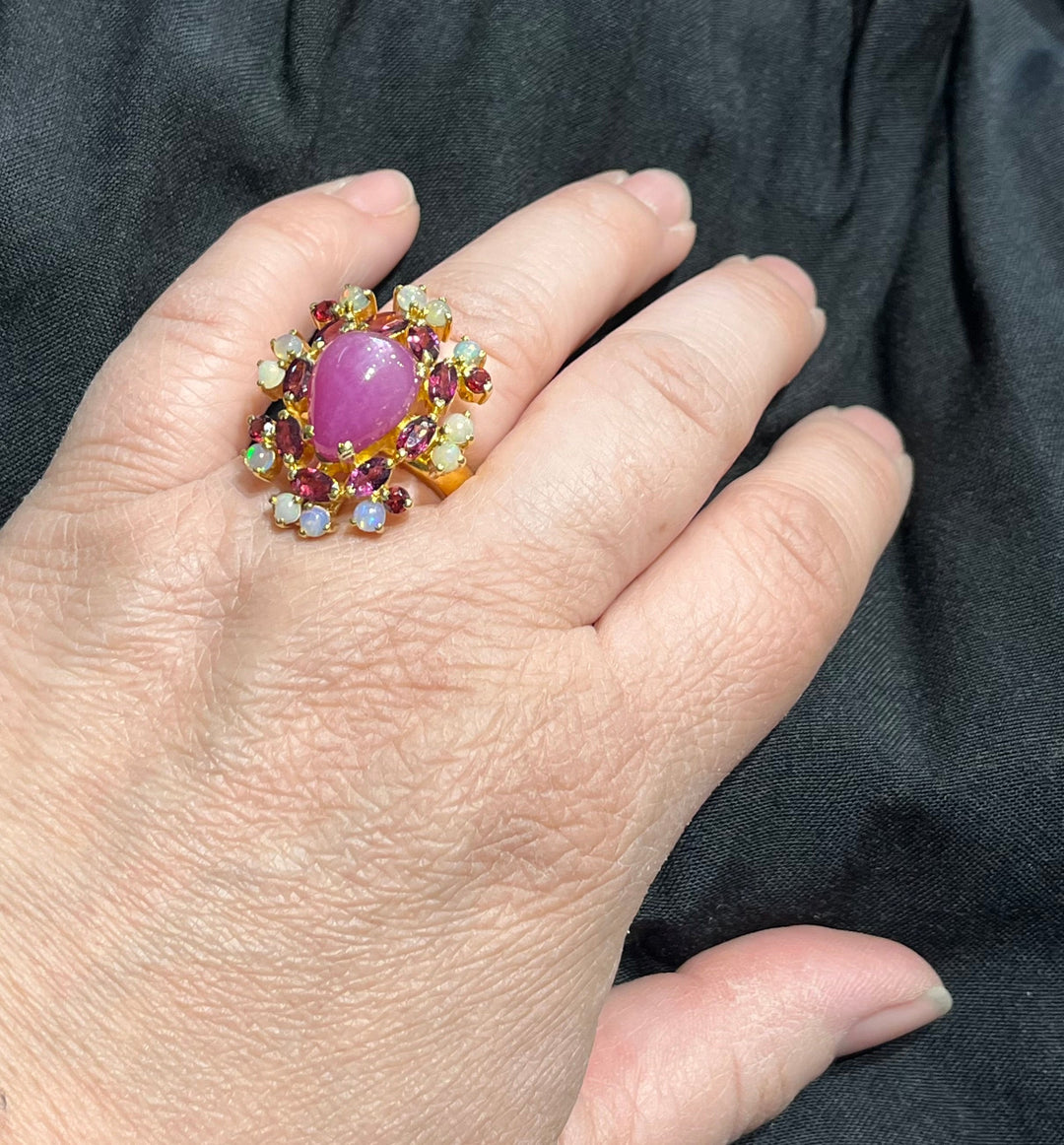Star Ruby & Opal Flower Ring - Floating Lotus