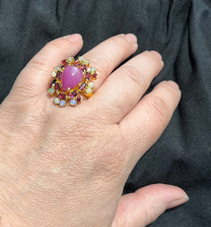Star Ruby & Opal Flower Ring - Floating Lotus