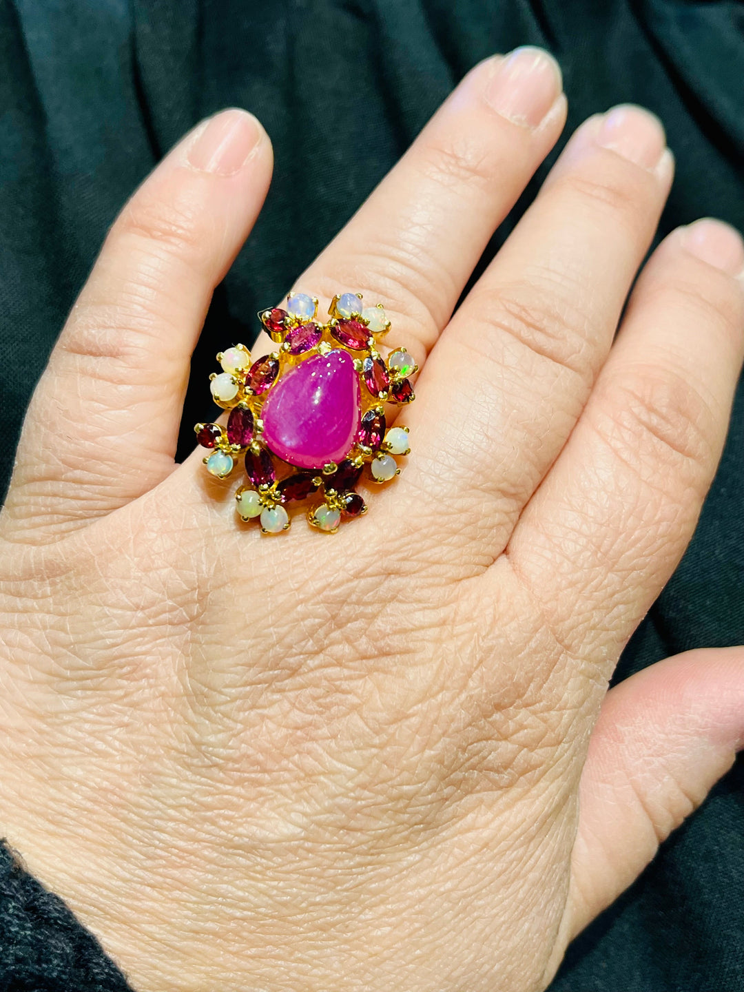 Star Ruby & Opal Flower Ring - Floating Lotus