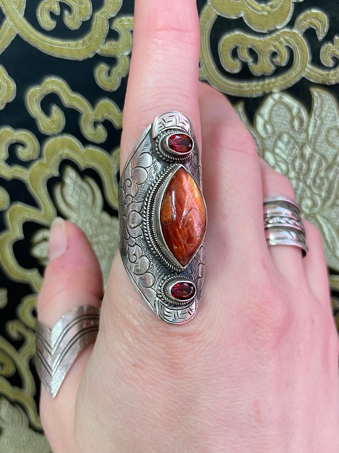 Sunstone and Garnet Ring - Floating Lotus