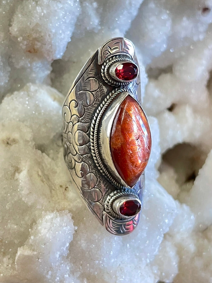 Sunstone and Garnet Ring - Floating Lotus