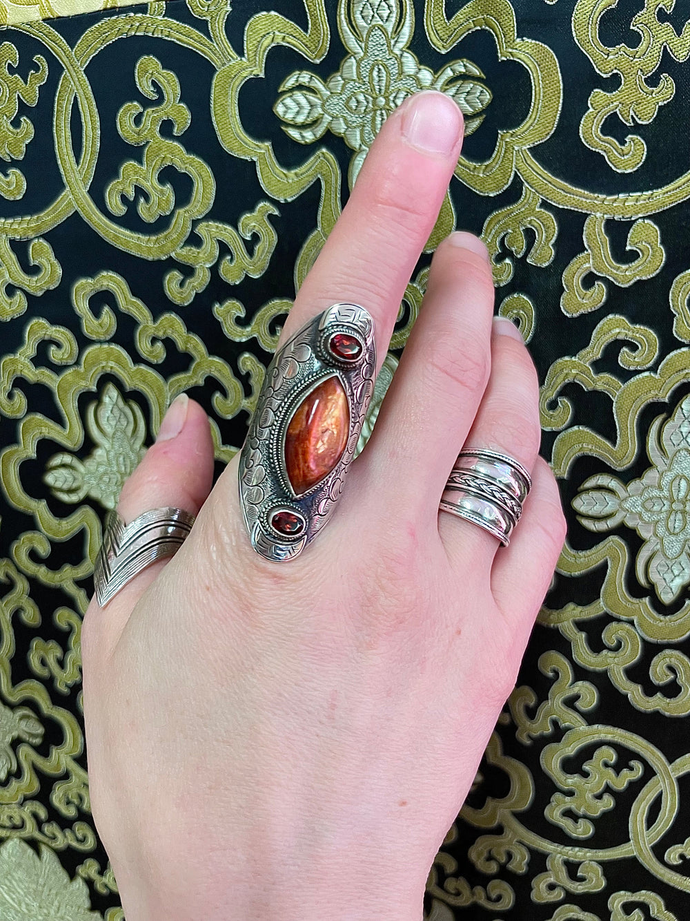 Sunstone and Garnet Ring - Floating Lotus