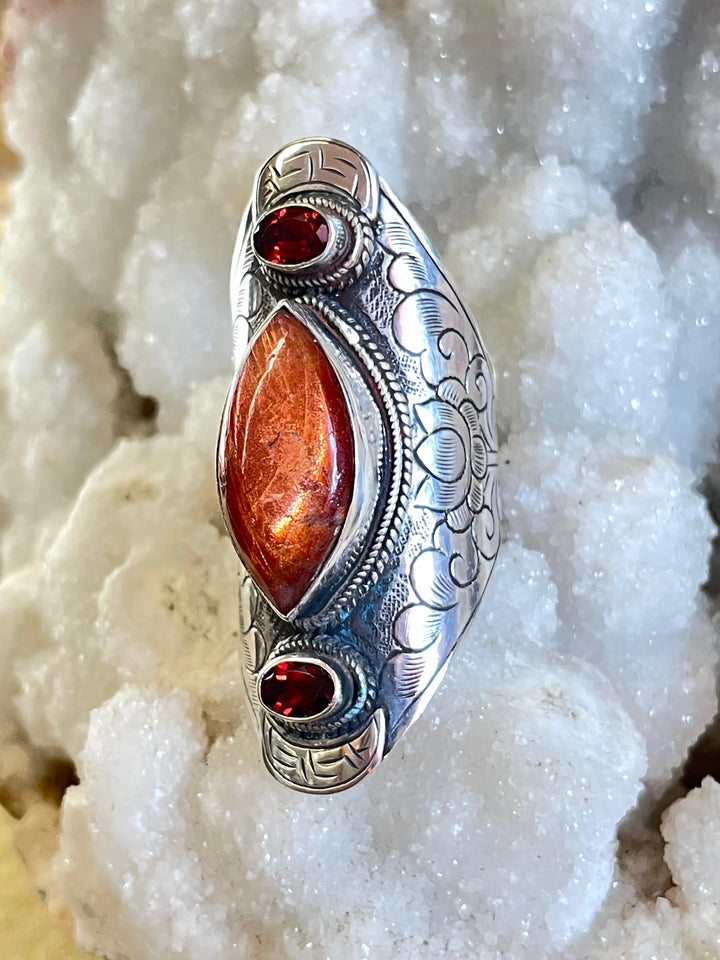 Sunstone and Garnet Ring - Floating Lotus