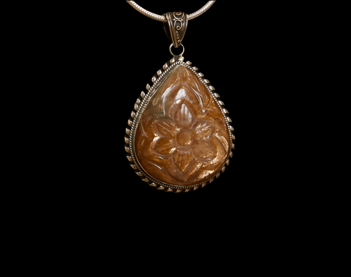 Sunstone Lotus Carved Pendant