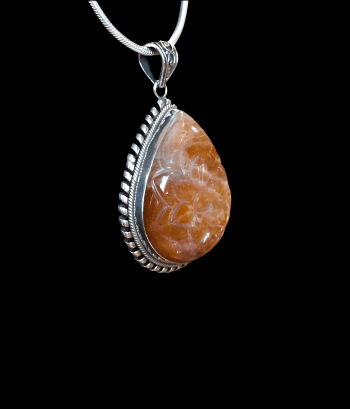 Sunstone Lotus Carved Pendant