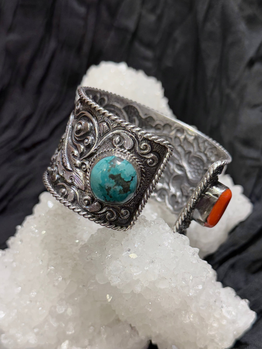 Tibetan Coral & Turquoise Dragon Cuff - Floating Lotus