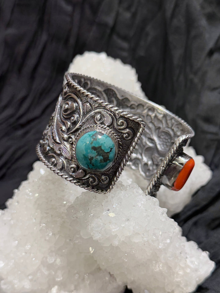 Tibetan Coral & Turquoise Dragon Cuff - Floating Lotus