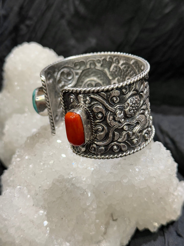 Tibetan Coral & Turquoise Dragon Cuff - Floating Lotus