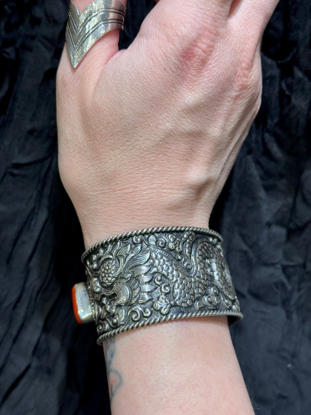 Tibetan Coral & Turquoise Dragon Cuff - Floating Lotus