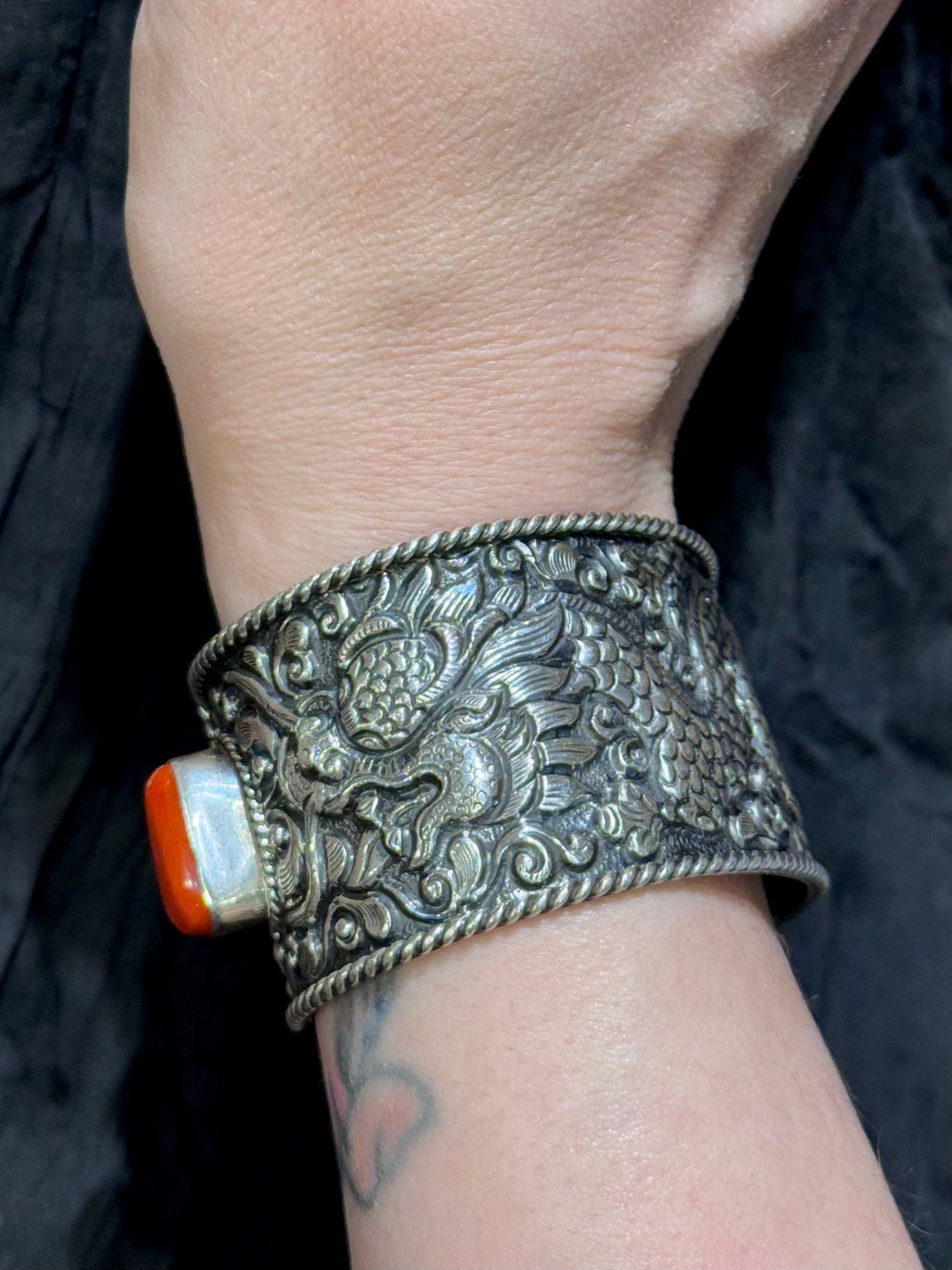 Tibetan Coral & Turquoise Dragon Cuff - Floating Lotus