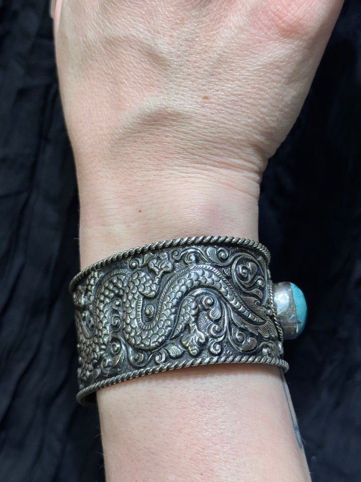 Tibetan Coral & Turquoise Dragon Cuff - Floating Lotus