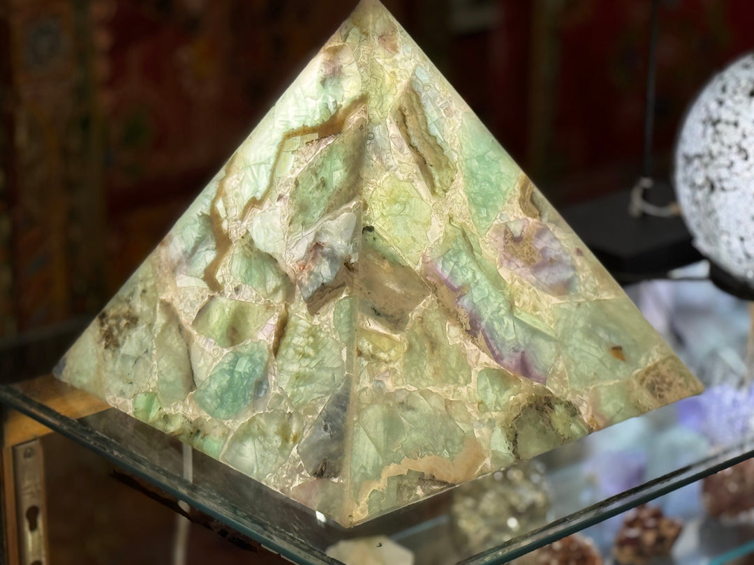 Translucent Rainbow Fluorite Pyramid Lamp - Floating Lotus