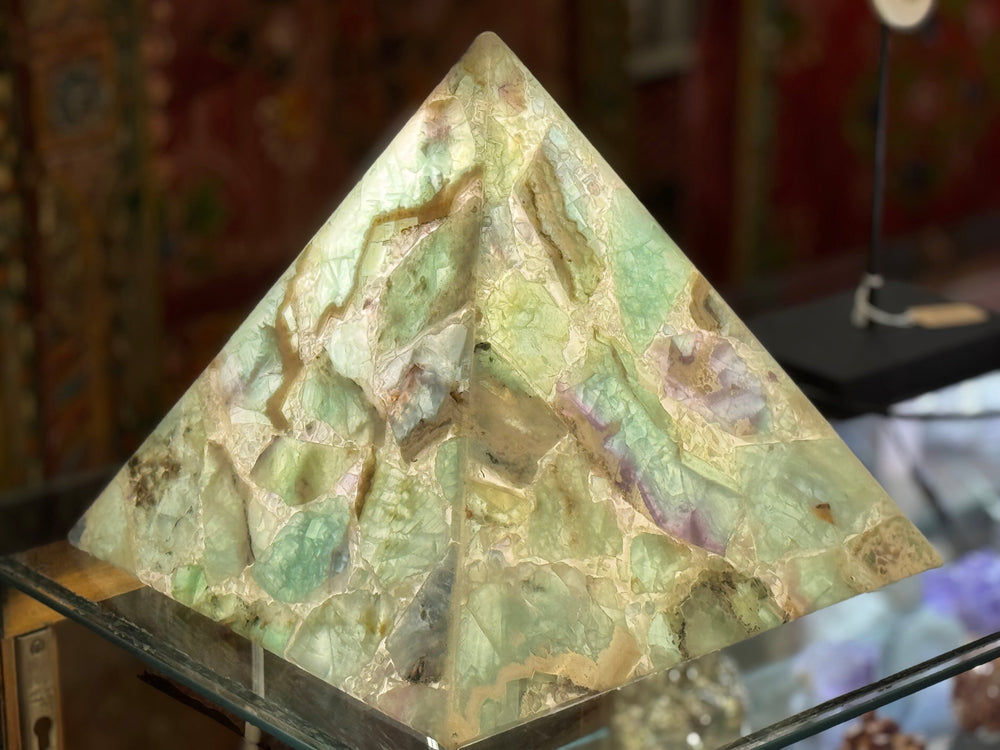 Translucent Rainbow Fluorite Pyramid Lamp - Floating Lotus