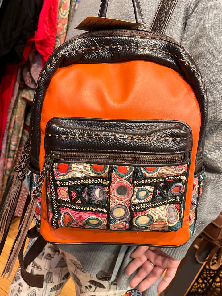 Tribal Textile Leather Backpack - Floating Lotus