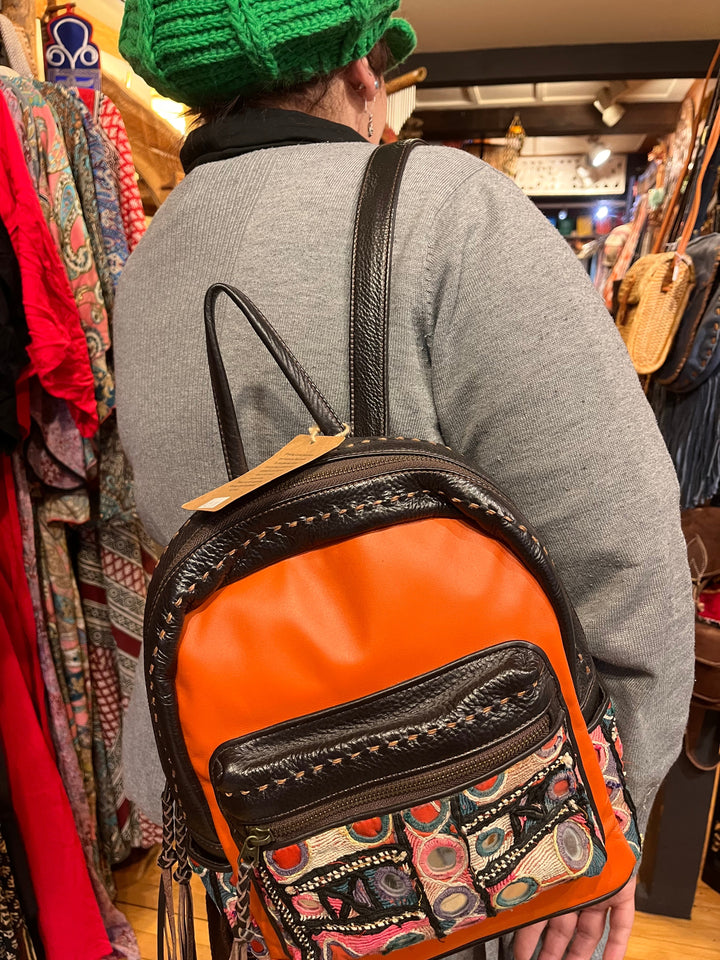 Tribal Textile Leather Backpack - Floating Lotus