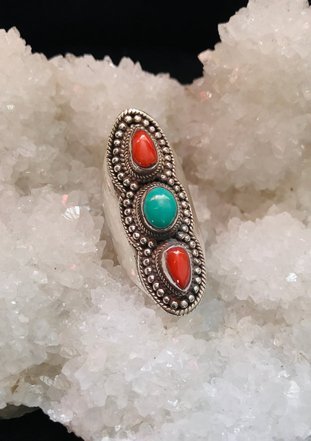 Triple Goddess Coral & Turquoise Ring