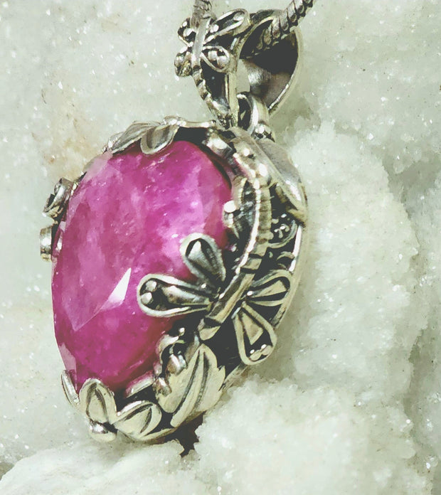 Dragonfly Encircled Heart Shaped Ruby Pendant