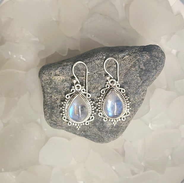 Moonstone Earrings with Detailed Scrollwork