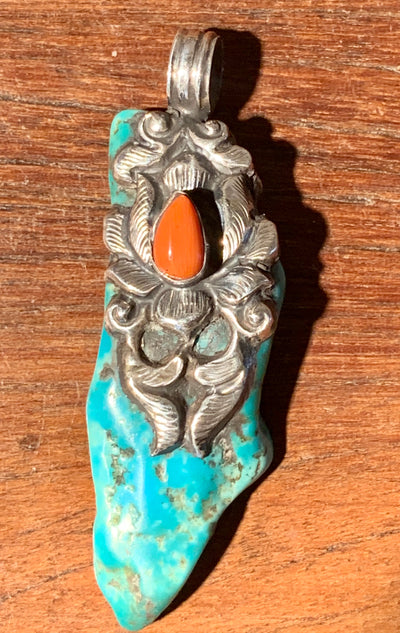 Raw Turquoise and Coral Pendant - Floating Lotus