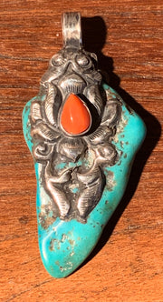 Raw Turquoise and Coral Pendant - Floating Lotus