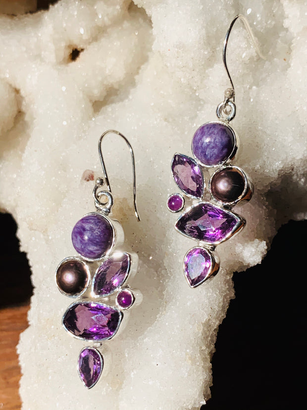 Fruits of Peace Amethyst, Charoite & Pearl Earrings - Floating Lotus