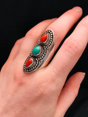 Triple Goddess Coral & Turquoise Ring