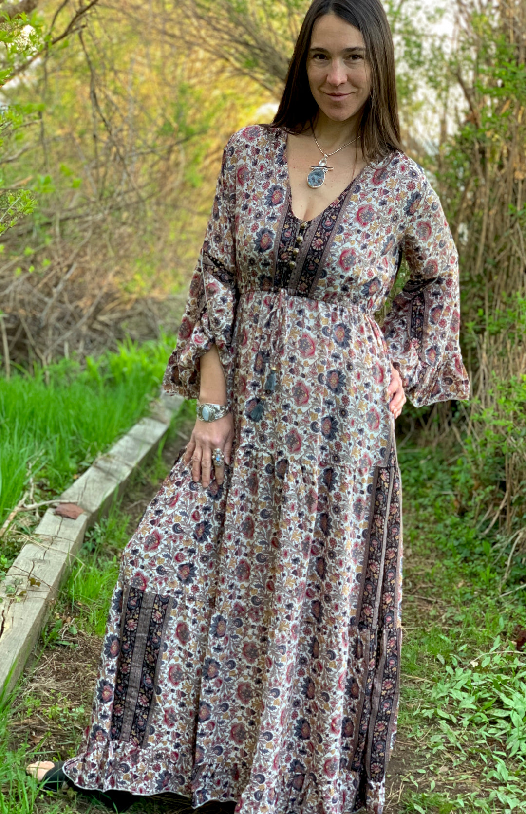 Long Peasant Dress - Floating Lotus S/M / Beige with Gray & Red Lotus Blossom Long Peasant Dress - Floating Lotus S/M / Beige with Gray & Red Lotus Blossom