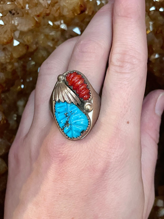 Antique Turquoise & Coral Ring - Floating Lotus