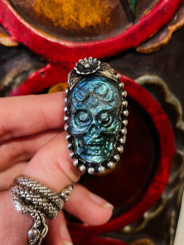 Tibetan Skull Hand-carved Labradorite Ring