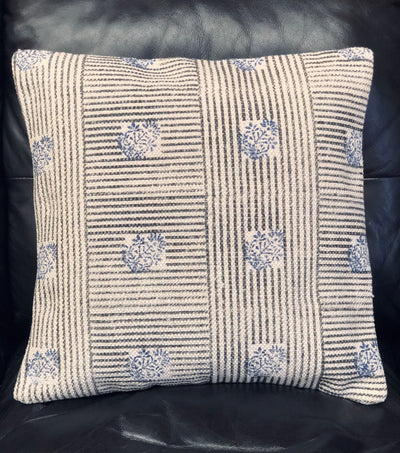 White, Black, & Blue Striped Floral Block Printed Pillowcase