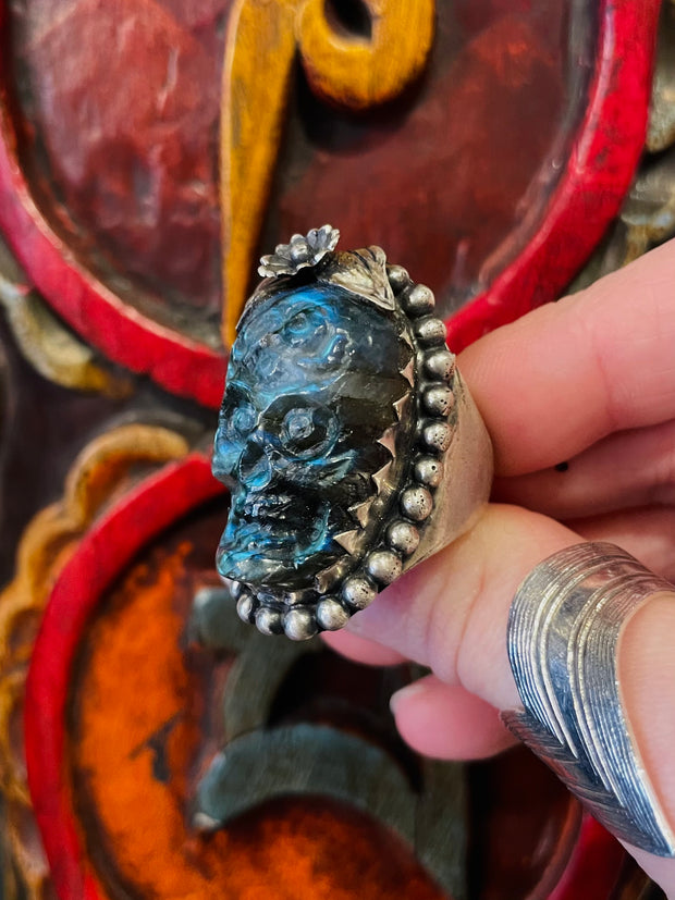 Tibetan Skull Hand-carved Labradorite Ring