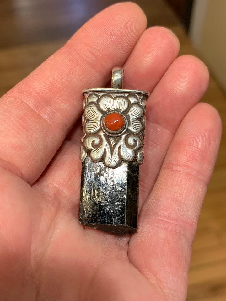 Black Tourmaline with Coral Healing Pendant