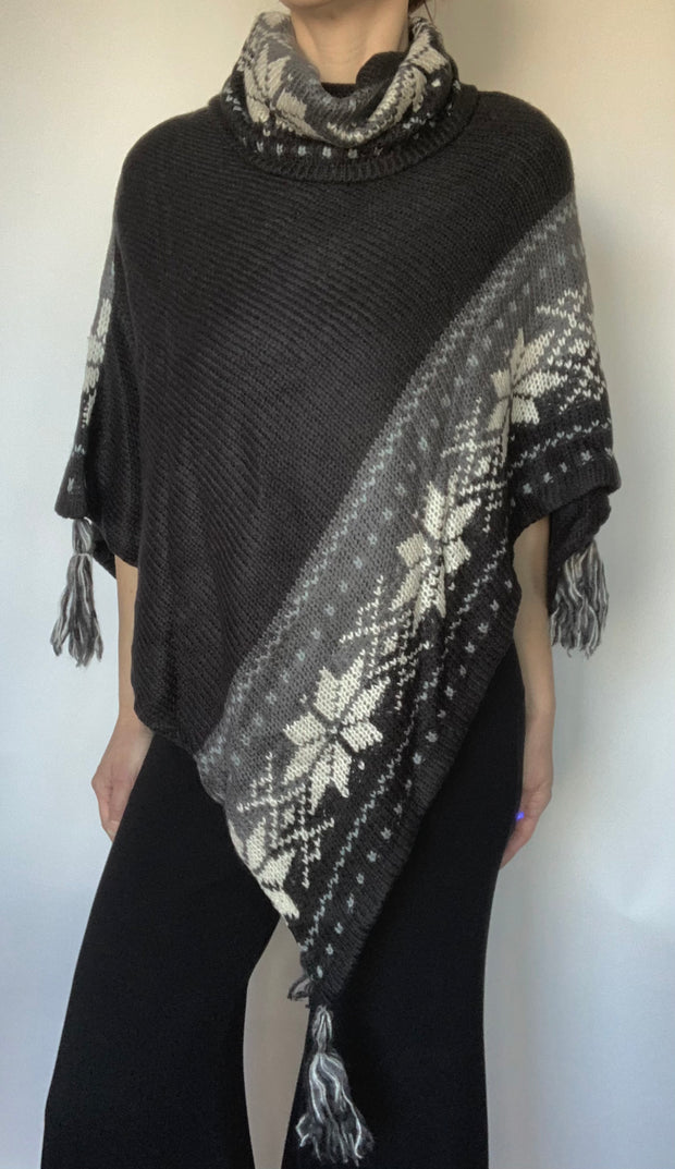 Charcoal Poncho Sweater with Tassels