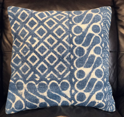 Blue & White Multi-Design Block Printed Pillow