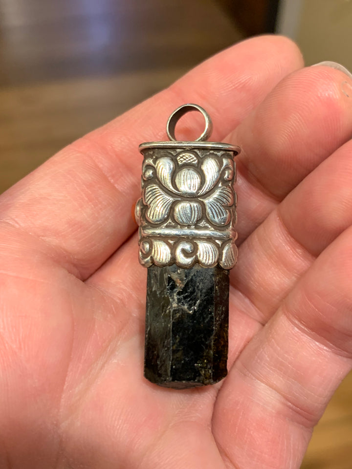 Black Tourmaline with Coral Healing Pendant