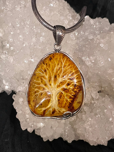 Tree of Life Carved Amber Pendant