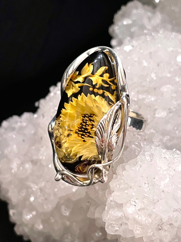 Blissful Sunflower Amber Ring