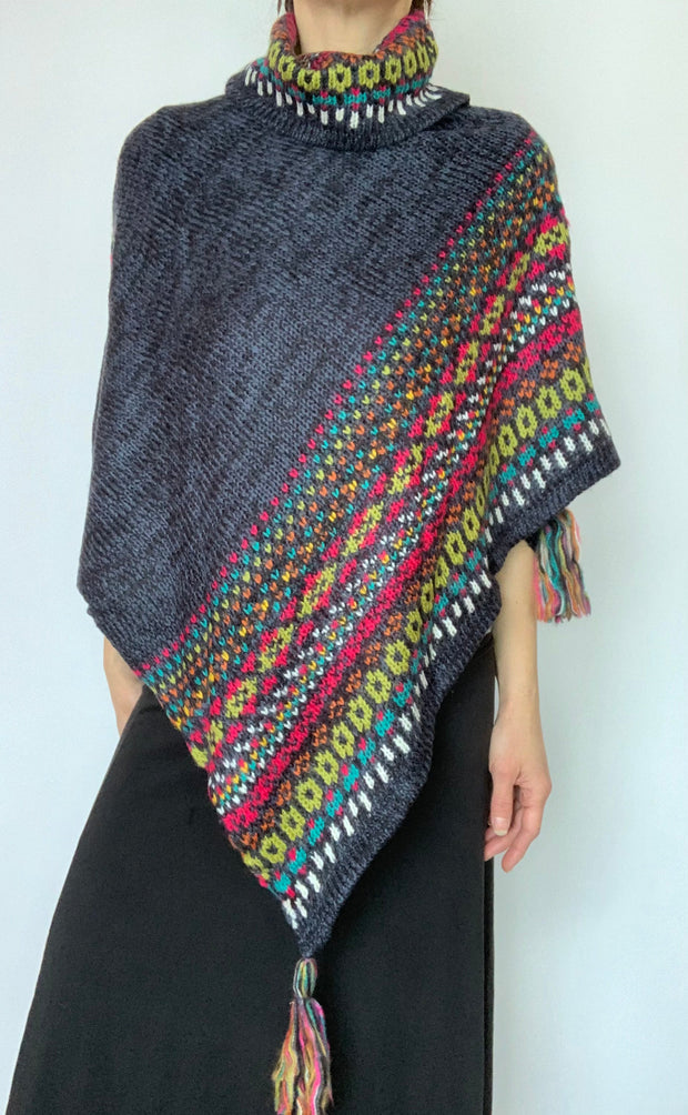 Charcoal Poncho Sweater with Tassels
