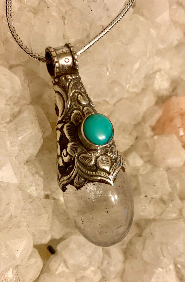 Crystal and Turquoise Pendant - Floating Lotus