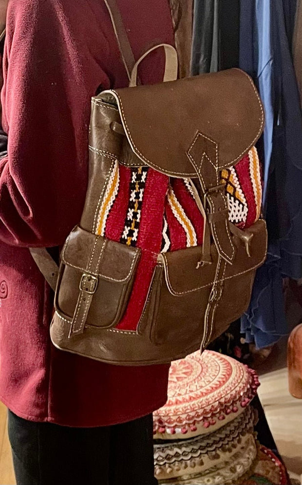 Woven Kilim & Brown Leather Moroccan Backpack - Floating Lotus